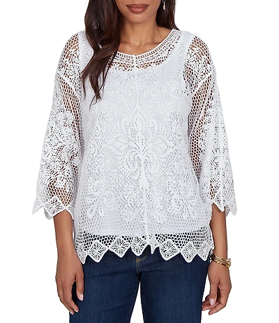 Ruby Rd. Petite Size Scoop Neck 3/4 Sleeve Medallion Crochet Lace Top
