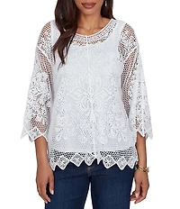 Ruby Rd. Petite Size Scoop Neck 3/4 Sleeve Medallion Crochet Lace Top
