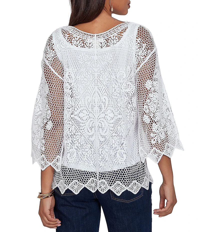 Ruby Rd. Petite Size Scoop Neck 3/4 Sleeve Medallion Crochet Lace Top