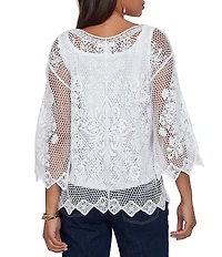 Ruby Rd. Petite Size Scoop Neck 3/4 Sleeve Medallion Crochet Lace Top