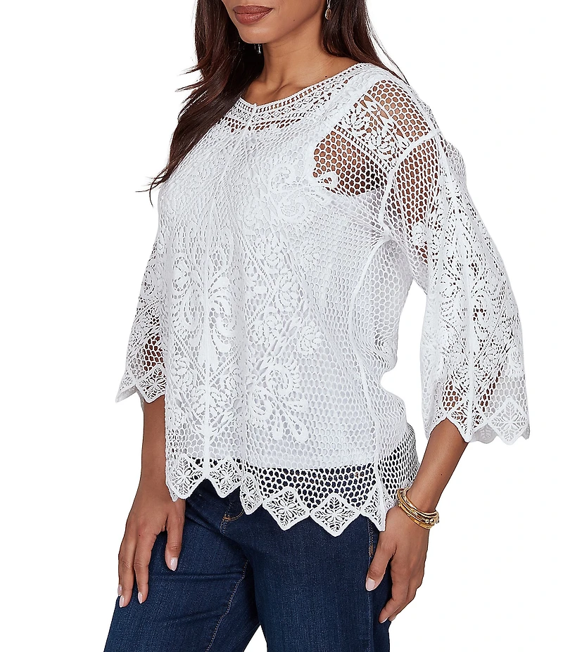 Ruby Rd. Petite Size Scoop Neck 3/4 Sleeve Medallion Crochet Lace Top