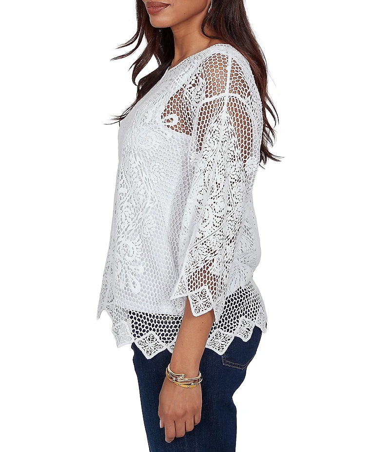 Ruby Rd. Petite Size Scoop Neck 3/4 Sleeve Medallion Crochet Lace Top