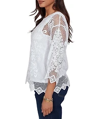 Ruby Rd. Petite Size Scoop Neck 3/4 Sleeve Medallion Crochet Lace Top