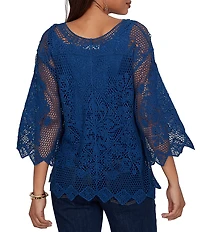 Ruby Rd. Petite Size Scoop Neck 3/4 Sleeve Medallion Crochet Lace Top