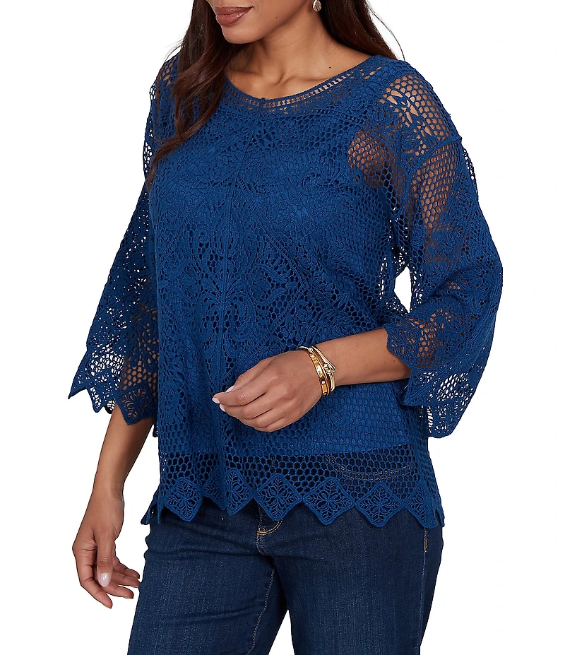 Ruby Rd. Petite Size Scoop Neck 3/4 Sleeve Medallion Crochet Lace Top