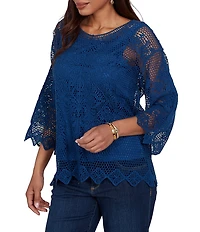 Ruby Rd. Petite Size Scoop Neck 3/4 Sleeve Medallion Crochet Lace Top