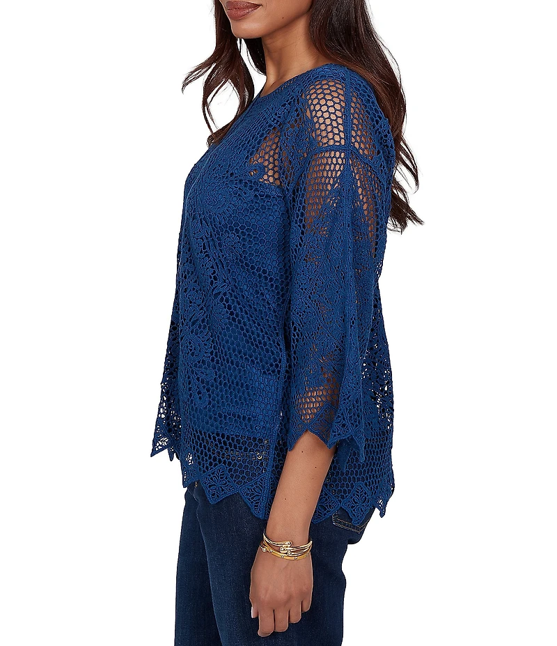 Ruby Rd. Petite Size Scoop Neck 3/4 Sleeve Medallion Crochet Lace Top
