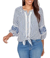 Ruby Rd. Petite Size Seersucker Woven Stripe Band Collar 3/4 Embroidered Sleeve Tie-Front Blouse