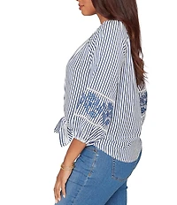 Ruby Rd. Petite Size Seersucker Woven Stripe Band Collar 3/4 Embroidered Sleeve Tie-Front Blouse