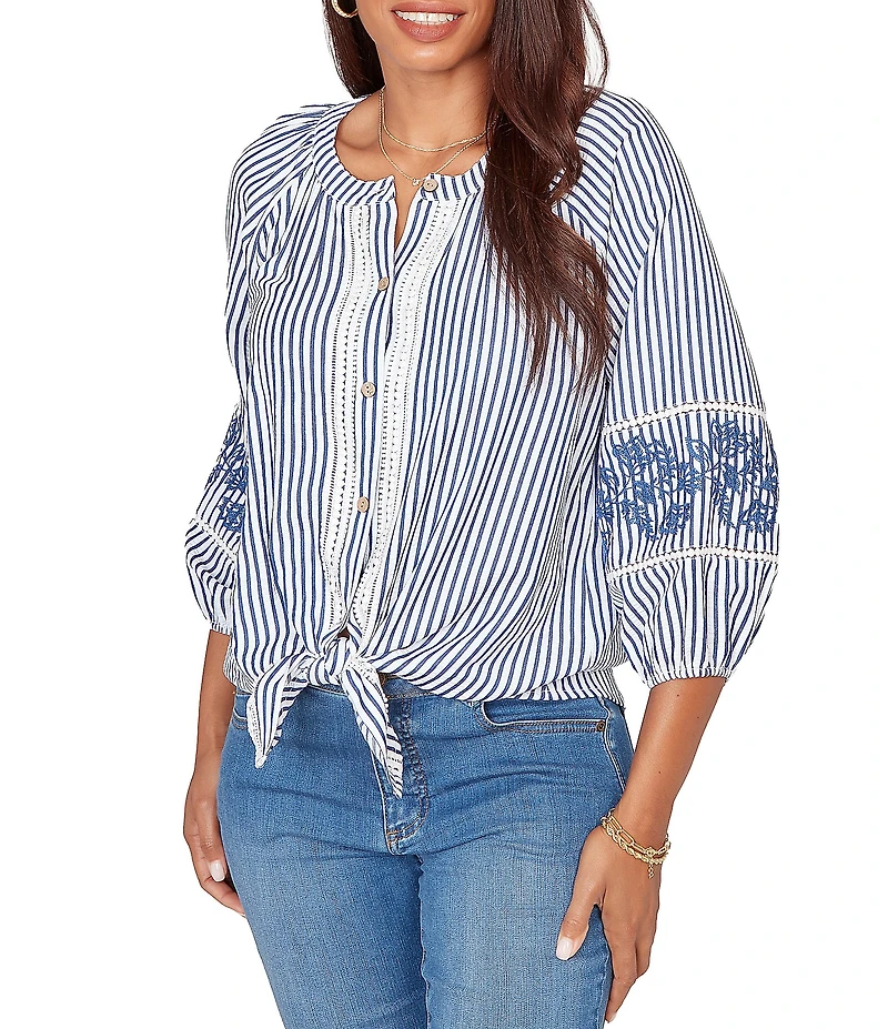 Ruby Rd. Petite Size Seersucker Woven Stripe Band Collar 3/4 Embroidered Sleeve Tie-Front Blouse