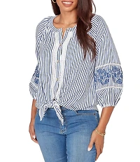 Ruby Rd. Petite Size Seersucker Woven Stripe Band Collar 3/4 Embroidered Sleeve Tie-Front Blouse