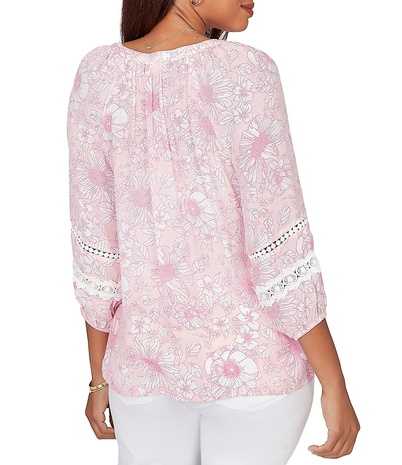 Ruby Rd. Petite Size Silky Gauze Floral Split V-Neck 3/4 Sleeve Button-Front Blouse