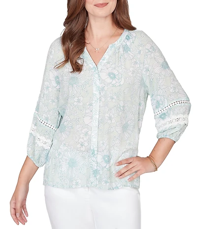 Ruby Rd. Petite Size Silky Gauze Floral Split V-Neck 3/4 Sleeve Button-Front Blouse