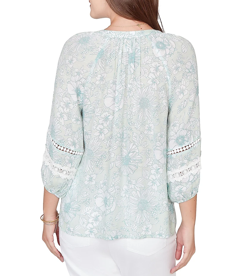 Ruby Rd. Petite Size Silky Gauze Floral Split V-Neck 3/4 Sleeve Button-Front Blouse