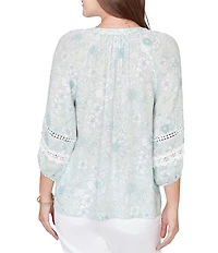Ruby Rd. Petite Size Silky Gauze Floral Split V-Neck 3/4 Sleeve Button-Front Blouse