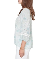 Ruby Rd. Petite Size Silky Gauze Floral Split V-Neck 3/4 Sleeve Button-Front Blouse