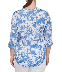 Ruby Rd. Petite Size Silky Gauze Printed Banded Neck 3/4 Roll-Tab Sleeve Pleated Blouse