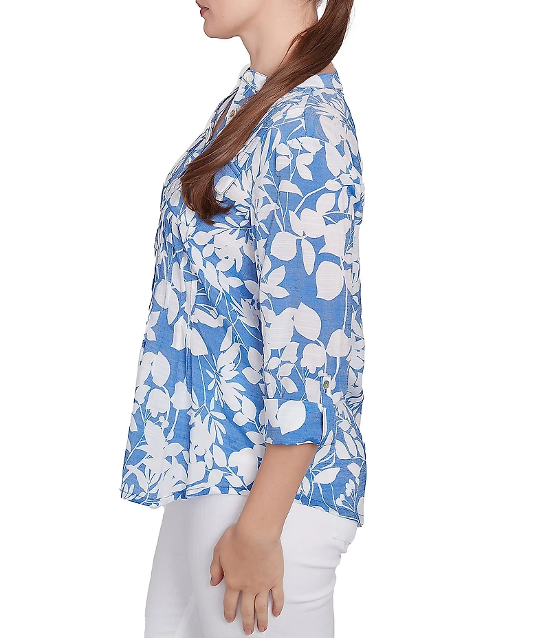 Ruby Rd. Petite Size Silky Gauze Printed Banded Neck 3/4 Roll-Tab Sleeve Pleated Blouse