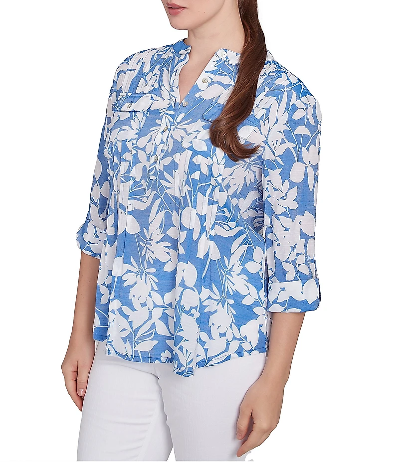 Ruby Rd. Petite Size Silky Gauze Printed Banded Neck 3/4 Roll-Tab Sleeve Pleated Blouse