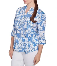 Ruby Rd. Petite Size Silky Gauze Printed Banded Neck 3/4 Roll-Tab Sleeve Pleated Blouse