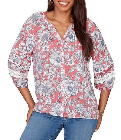 Ruby Rd. Petite Size Silky Gauze Woven Floral Split V-Neck 3/4 Lace Inset Sleeve Blouse