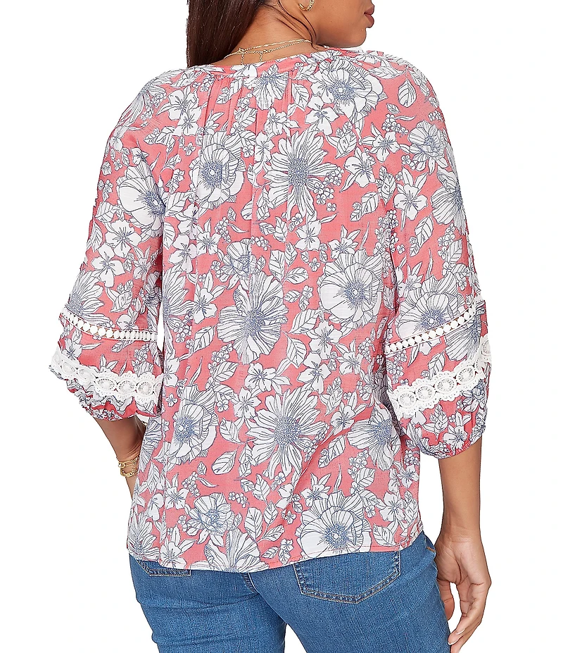 Ruby Rd. Petite Size Silky Gauze Woven Floral Split V-Neck 3/4 Lace Inset Sleeve Blouse