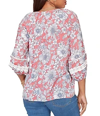Ruby Rd. Petite Size Silky Gauze Woven Floral Split V-Neck 3/4 Lace Inset Sleeve Blouse