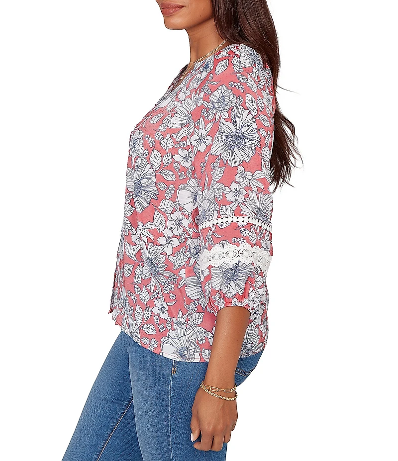 Ruby Rd. Petite Size Silky Gauze Woven Floral Split V-Neck 3/4 Lace Inset Sleeve Blouse