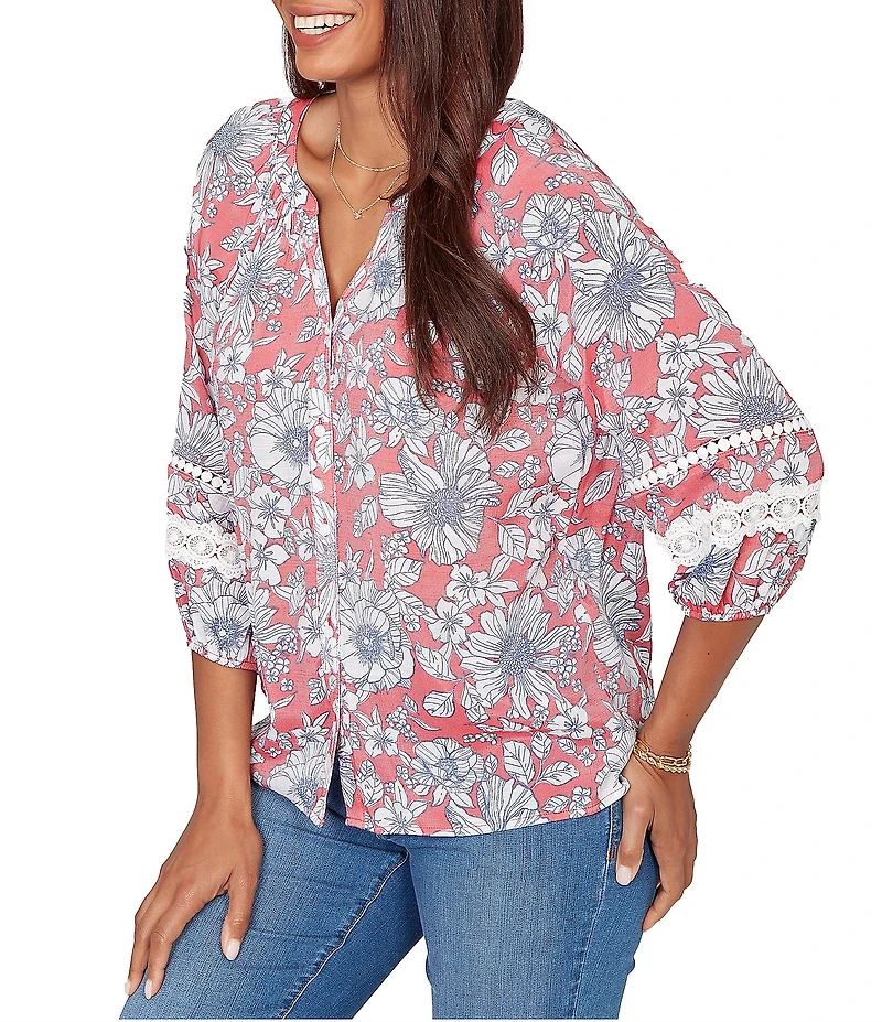 Ruby Rd. Petite Size Silky Gauze Woven Floral Split V-Neck 3/4 Lace Inset Sleeve Blouse