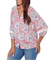 Ruby Rd. Petite Size Silky Gauze Woven Floral Split V-Neck 3/4 Lace Inset Sleeve Blouse
