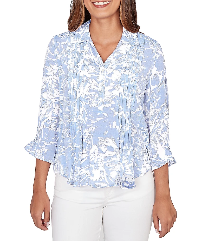 Ruby Rd. Petite Size Silky Slub Woven Brushstroke Floral Collared V-Neck 3/4 Sleeve Top