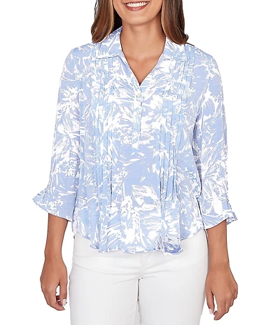 Ruby Rd. Petite Size Silky Slub Woven Brushstroke Floral Collared V-Neck 3/4 Sleeve Top