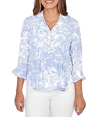 Ruby Rd. Petite Size Silky Slub Woven Brushstroke Floral Collared V-Neck 3/4 Sleeve Top
