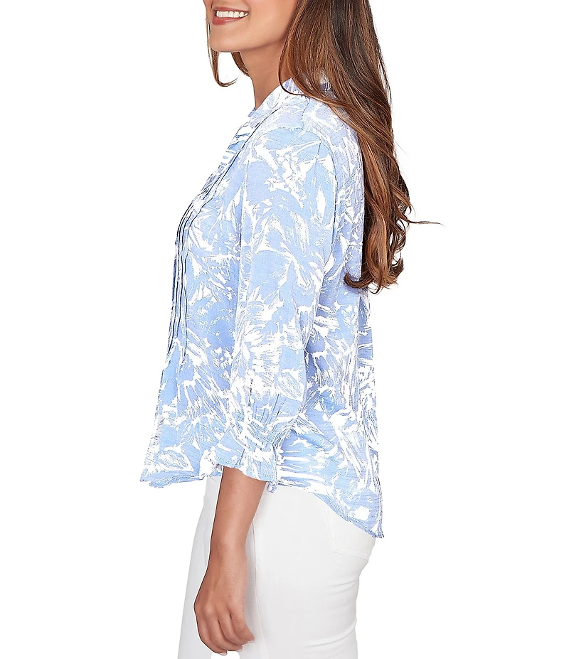 Ruby Rd. Petite Size Silky Slub Woven Brushstroke Floral Collared V-Neck 3/4 Sleeve Top