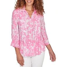 Ruby Rd. Petite Size Silky Slub Woven Brushstroke Floral Collared V-Neck 3/4 Sleeve Top