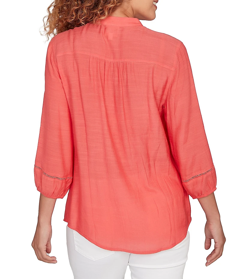 Ruby Rd. Petite Size Silky Slub Woven Split V-Neck 3/4 Sleeve Button Front Top
