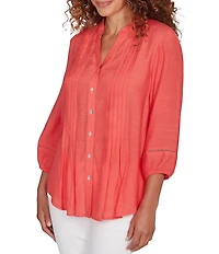 Ruby Rd. Petite Size Silky Slub Woven Split V-Neck 3/4 Sleeve Button Front Top