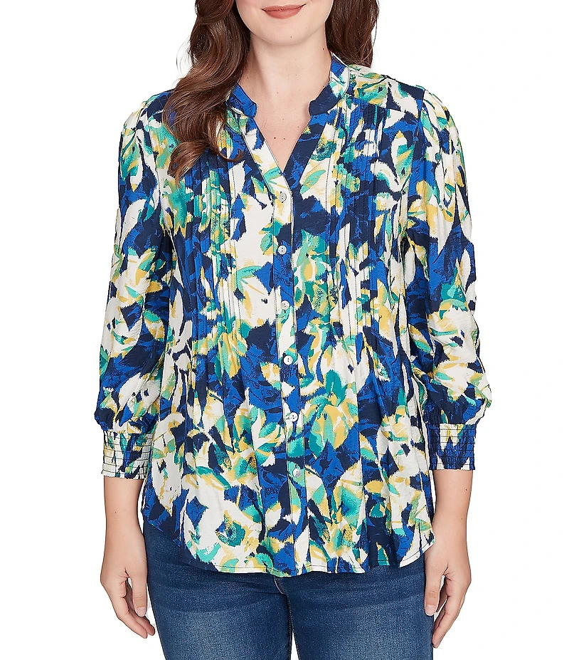 Ruby Rd. Petite Size Silky Voile Floral Band V-Neck 3/4 Sleeve Button-Front Blouse