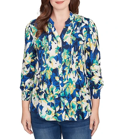 Ruby Rd. Petite Size Silky Voile Floral Band V-Neck 3/4 Sleeve Button-Front Blouse