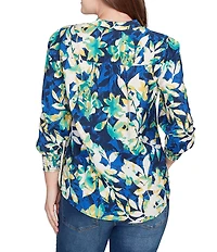 Ruby Rd. Petite Size Silky Voile Floral Band V-Neck 3/4 Sleeve Button-Front Blouse