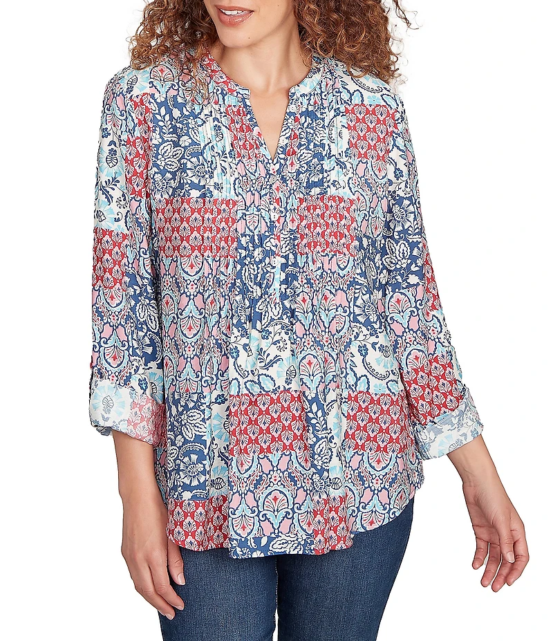 Ruby Rd. Petite Size Silky Voile Patchwork Split V-Neck Long Roll-Tab Sleeve Blouse