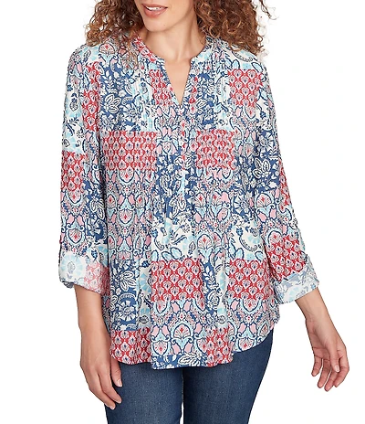 Ruby Rd. Petite Size Silky Voile Patchwork Split V-Neck Long Roll-Tab Sleeve Blouse