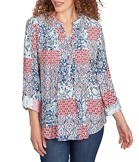 Ruby Rd. Petite Size Silky Voile Patchwork Split V-Neck Long Roll-Tab Sleeve Blouse