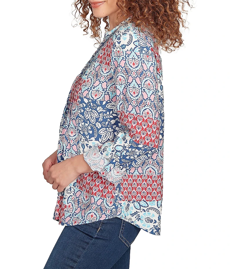 Ruby Rd. Petite Size Silky Voile Patchwork Split V-Neck Long Roll-Tab Sleeve Blouse