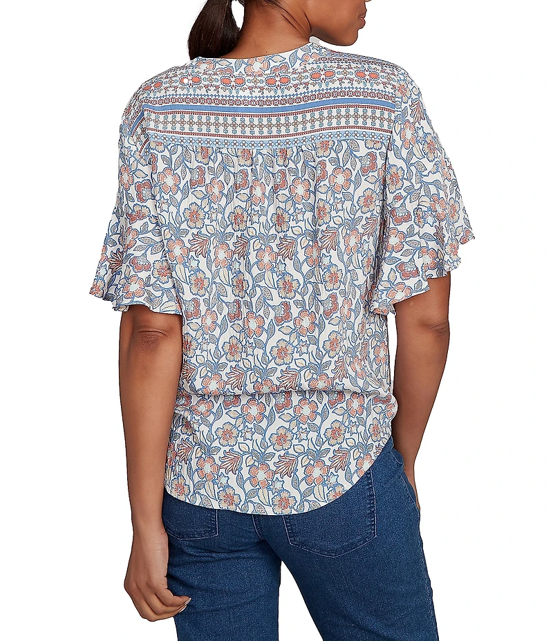 Ruby Rd. Petite Size Silky Voile Printed Round Neck Short Flutter Sleeve Tie-Front Top
