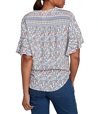 Ruby Rd. Petite Size Silky Voile Printed Round Neck Short Flutter Sleeve Tie-Front Top