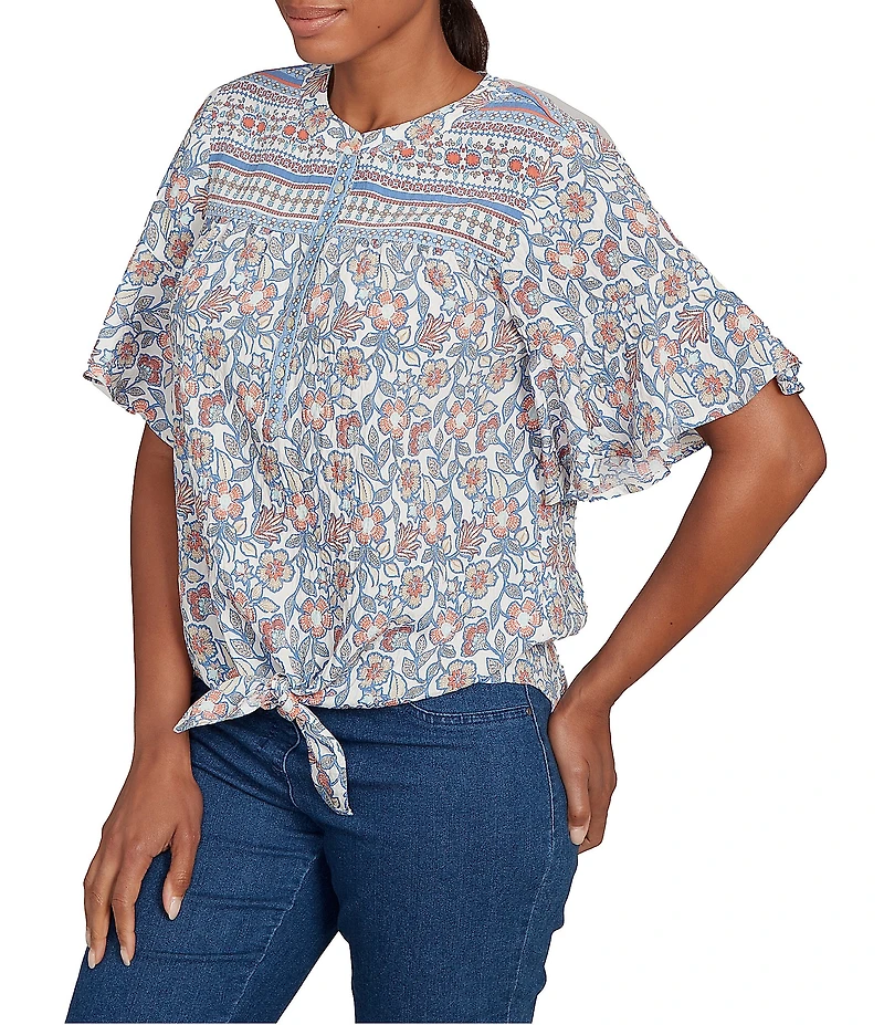 Ruby Rd. Petite Size Silky Voile Printed Round Neck Short Flutter Sleeve Tie-Front Top