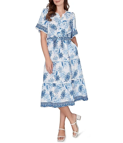 Ruby Rd. Petite Size Silky Voile Toile Border Print Split Round V-Neck Short Sleeve Belted Midi Dress