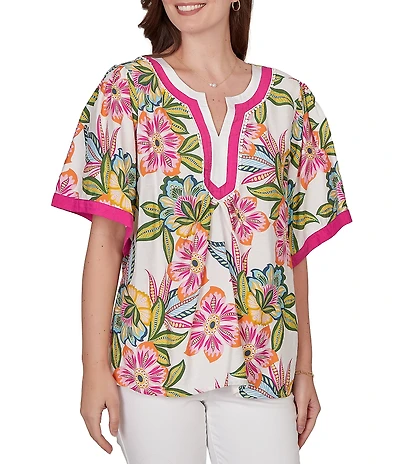 Ruby Rd. Petite Size Silky Voile Tropical Floral Split V-Neck Elbow Sleeve Blouse