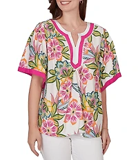 Ruby Rd. Petite Size Silky Voile Tropical Floral Split V-Neck Elbow Sleeve Blouse